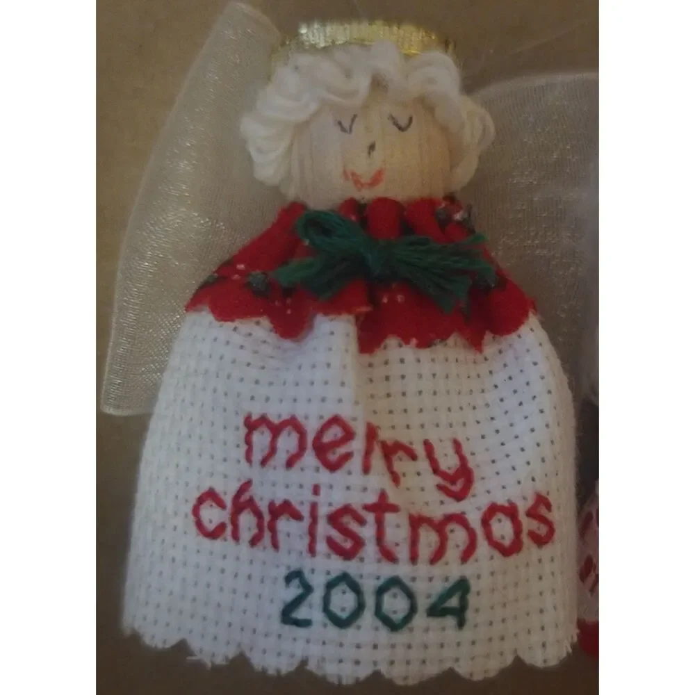 Vintage Lot of 4 Different Christmas Cross-Stitched Dated Wooden Angel Ornaments
